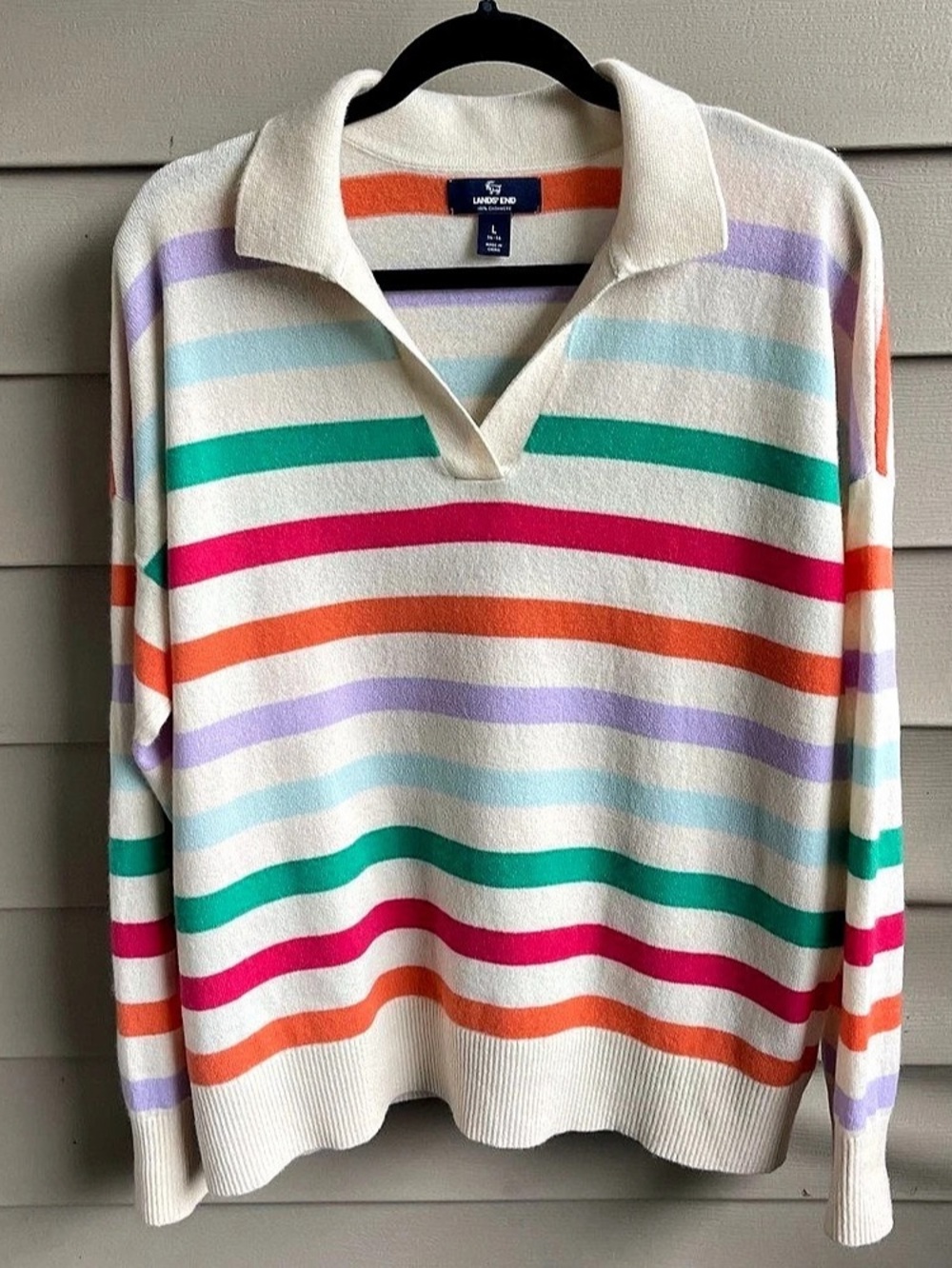 Lands End 100% Cashmere Jumper Polo Sweater Womens Size L Ivory Striped Money